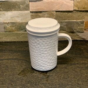 TANNEX | White Bone China Textured Mug | With Lid and Tea Strainer
